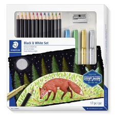 STAEDTLER Színes ceruza készlet, hatszögletű, hegyezővel, dekormarkerrel, STAEDTLER  Design Journey Black and White , 12 különböző színes ceruza
