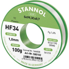 Stannol HF34 1,6% 1,0MM FLOWTIN TC CD 100G Forrasztóón, ólommentes Tekercs, Ólommentes Sn99.3Cu0.7 100 g 1 mm (580102) forrasztási tartozék