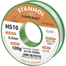 Stannol HS10 2,5% 0,3MM SN99,3CU0,7 CD 100G Forrasztóón, ólommentes Ólommentes, Tekercs Sn99.3Cu0.7 100 g 0.3 mm (593001) forrasztási tartozék
