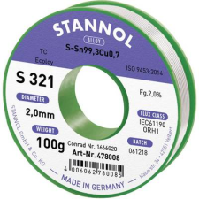 Stannol S321 2,0% 2,0MM SN99,3CU0,7 CD 100G Forrasztóón, ólommentes Ólommentes, Tekercs Sn99.3Cu0.7 100 g 2 mm (631912) forrasztási tartozék