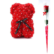  Strasszos - Rózsa maci, örök virág maci díszdobozban 25 cm - piros + 1 szál szappan rózsa ajándéktárgy