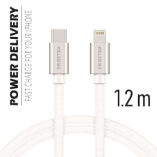 Swissten adat- és töltőkábel textil bevonattal, USB-C/lightning, 1,2 m ezüst/fehér kábel és adapter