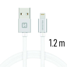 Swissten adat- és töltőkábel textil bevonattal, USB/lightning, 1,2 m ezüst/fehér kábel és adapter