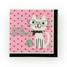  Szalvéta, Happy Birthday, cica, pink-fekete, 33×33cm, 16db papírárú, csomagoló és tárolóeszköz