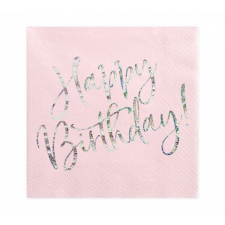 Szalvéta, világos púder pink, happy birthday, 20 db, 33x33 cm papírárú, csomagoló és tárolóeszköz