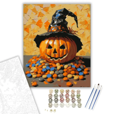 Számfestő.hu Boszorkánykalapos tök édességekkel - számfestő készlet – 60×70 cm (Keret nélkül) kreatív és készségfejlesztő