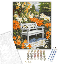 Számfestő.hu Kerti Pad Liliomokkal - számfestő készlet – 40×50 cm (Keretre feszítve) kreatív és készségfejlesztő