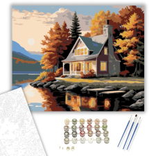 Számfestő.hu Őszi Tóparti Házikó - számfestő készlet – 40×50 cm (Keretre feszítve) kreatív és készségfejlesztő