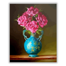 Számfestő Rózsaszín virágok kék vázában - számfestő készlet kreatív és készségfejlesztő