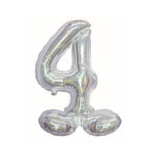 Számok Holographic Silver, Ezüst 4-es szám fólia lufi talppal 72 cm party kellék