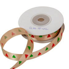  Szatén fenyőfa mintás szalag drapp 1,5cmx20y dekorációs kellék