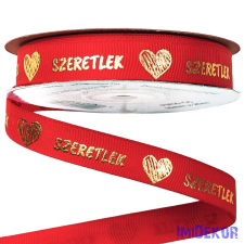 Szeretlek arany feliratos szivecskés ripsz szalag 16mm x 20m - Piros dekorációs kellék