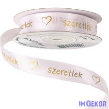  Szeretlek arany feliratos, szívecskés szatén szalag 16mm x 20m - Fehér dekorációs kellék