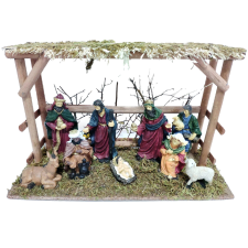  Születési készlet, reális gyanta figurák, természetes faépítés, 40x15x26cm karácsonyi dekoráció