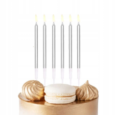 SZÜLETÉSNAPI GYERTYÁK HOSSZÚ 13 CM EZÜST SZÜLETÉSNAPI PARTYRA 6 DB party kellék