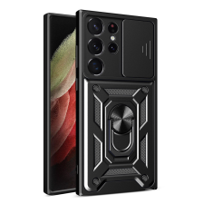  Telefontok Samsung Galaxy S23 Ultra - Hybrid Armor Camshield - fekete szilikon tok, kitámasztó ujjgyűrűvel, csúsztatható kameravédővel tok és táska