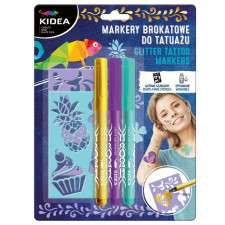 Tetováló filckészlet, 3 db filctoll (lila, türkiz, arany) sablonokkal, Kidea csillámtetoválás