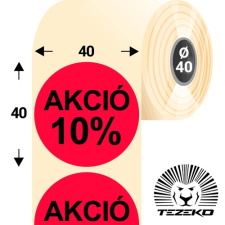 Tezeko 40 mm-es kör, papír címke, fluo piros színű, Akció 10% felirattal (1000 címke/tekercs) etikett