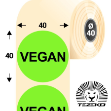 Tezeko 40 mm-es kör, papír címke, fluo zöld színű, Vegan felirattal (1000 címke/tekercs) etikett