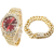 THO Készlet: Ice Out Gold Red óra és Cuban karkötő, cirkónia betétekkel, rozsdamentes acélból, állítható eszközzel, prémium csomagolásban, arany színű