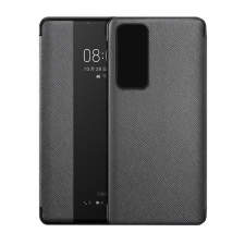 TokShop Huawei P40, Oldalra nyíló tok, bőrhatású, hívás mutatós, textil minta, View Window, fekete tok és táska