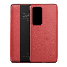 TokShop Huawei P40, Oldalra nyíló tok, bőrhatású, hívás mutatós, textil minta, View Window, piros tok és táska