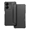 TokShop Xiaomi Redmi 13C 4G / Poco C65, Oldalra nyíló tok, légpárnás sarok, bőrhatású, karbon minta, Razor Book, fekete