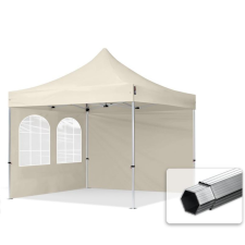  TP 3x3m összecsukható 800N alumínium pavilon, 2 db oldalfallal, hagyományos ablakkal - krém kerti bútor
