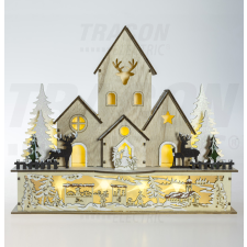 TRACON Karácsonyi LED dekoráció, fa házikó tájképpel, elemes, 6+18h, 9LED, 3000K, 2xAA karácsonyi dekoráció