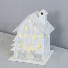 TRACON Karácsonyi LED dekoráció,fehér fa házikó, elemes, 6+18h, 2LED, 3000K, 2xAA karácsonyi dekoráció