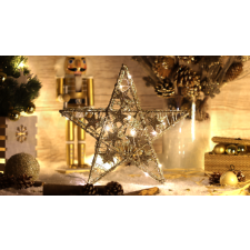 TRACON LED karácsonyi csillag, arany,fém, elemesTimer 6+18h, 14LED, 3000K, 2xAA karácsonyi dekoráció