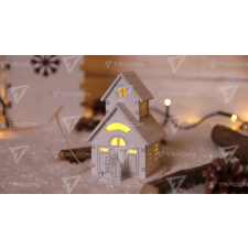 TRACON LED karácsonyi házikó,fa,fehér,elemes  Timer 6+18h, 1LED, 3000K, 1xCR2032 karácsonyfa izzósor
