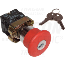 TRACON Reteszelt gombafejű vészgomb, fémalap, piros, kulcsos 1×NC+1×NO, 3A/400V AC, IP42, d=40mm villanyszerelés