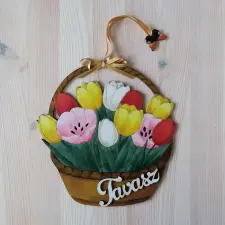  Tulipánok kosárban – tavaszi ajtókopogtató, mérete: 19x21 cm dekorációs kellék