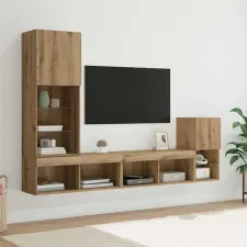  TV Fali Egységek LED -es lámpákkal Artisan tölgy Faanyag bútor