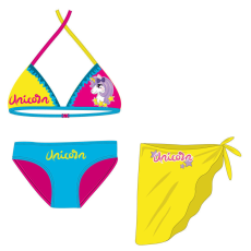 Unikornis fürdőruha szett - bikini háromszög felsőrésszel+szoknya kislányoknak - türkizkék-pink-sárga - 104