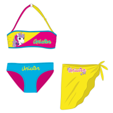  Unikornis fürdőruha szett - bikini+szoknya kislányoknak - pink-türkizkék-sárga - 110