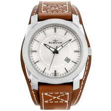 Uniszex Rubicon karóra ezüst számlappal, barna bőrszíjjal, dátum, 45 mm karóra