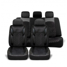  Univerzális autósüléshuzat-garnitúra, fekete eko-bőr fekete szövettel, elöl-hátul gyerekülés huzat, betét
