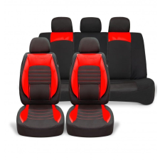  Univerzális autósüléshuzat-garnitúra, piros ecobőr fekete szövettel, elöl-hátul gyerekülés huzat, betét