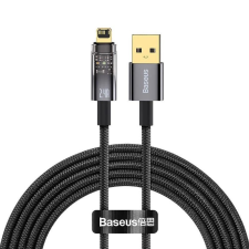  USB töltő- és adatkábel, Lightning, 200 cm, 2400 mA, gyorstöltés, cipőfűző minta, Baseus Explorer, CATS000501, fekete kábel és adapter