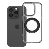 utángyártott Apple iPhone 15 Pro tok, gyűrűs kitámasztóval, kameravédő peremmel, MagSafe, átlátszó-fekete