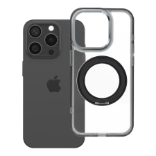 utángyártott Apple iPhone 15 Pro tok, gyűrűs kitámasztóval, kameravédő peremmel, MagSafe, átlátszó-fekete tok és táska