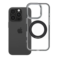 utángyártott Apple iPhone 16 Pro tok, gyűrűs kitámasztóval, kameravédő peremmel, MagSafe, átlátszó-fekete tok és táska