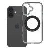 utángyártott Apple iPhone 16 tok, gyűrűs kitámasztóval, kameravédő peremmel, MagSafe, átlátszó-fekete