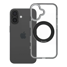 utángyártott Apple iPhone 16 tok, gyűrűs kitámasztóval, kameravédő peremmel, MagSafe, átlátszó-fekete tok és táska