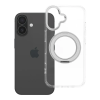 utángyártott Apple iPhone 16 tok, gyűrűs kitámasztóval, kameravédő peremmel, MagSafe, átlátszó-fekete