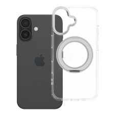 utángyártott Apple iPhone 16 tok, gyűrűs kitámasztóval, kameravédő peremmel, MagSafe, átlátszó-fekete tok és táska