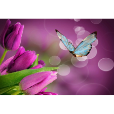  Vászon festmény, MÉDIA, Kék pillangó lila tulipánokkal, 105 x 70 cm grafika, keretezett kép