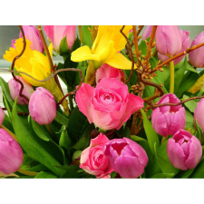  Vászon festmény, MÉDIA, Rózsa, tulipán, írisz, 105 x 70 cm grafika, keretezett kép